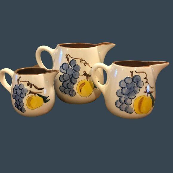 Stangl Fruit Pattern Pottery Pitchers Set of 3 Pint Half Pint 6oz Creamer Milk P - Picture 7 of 11